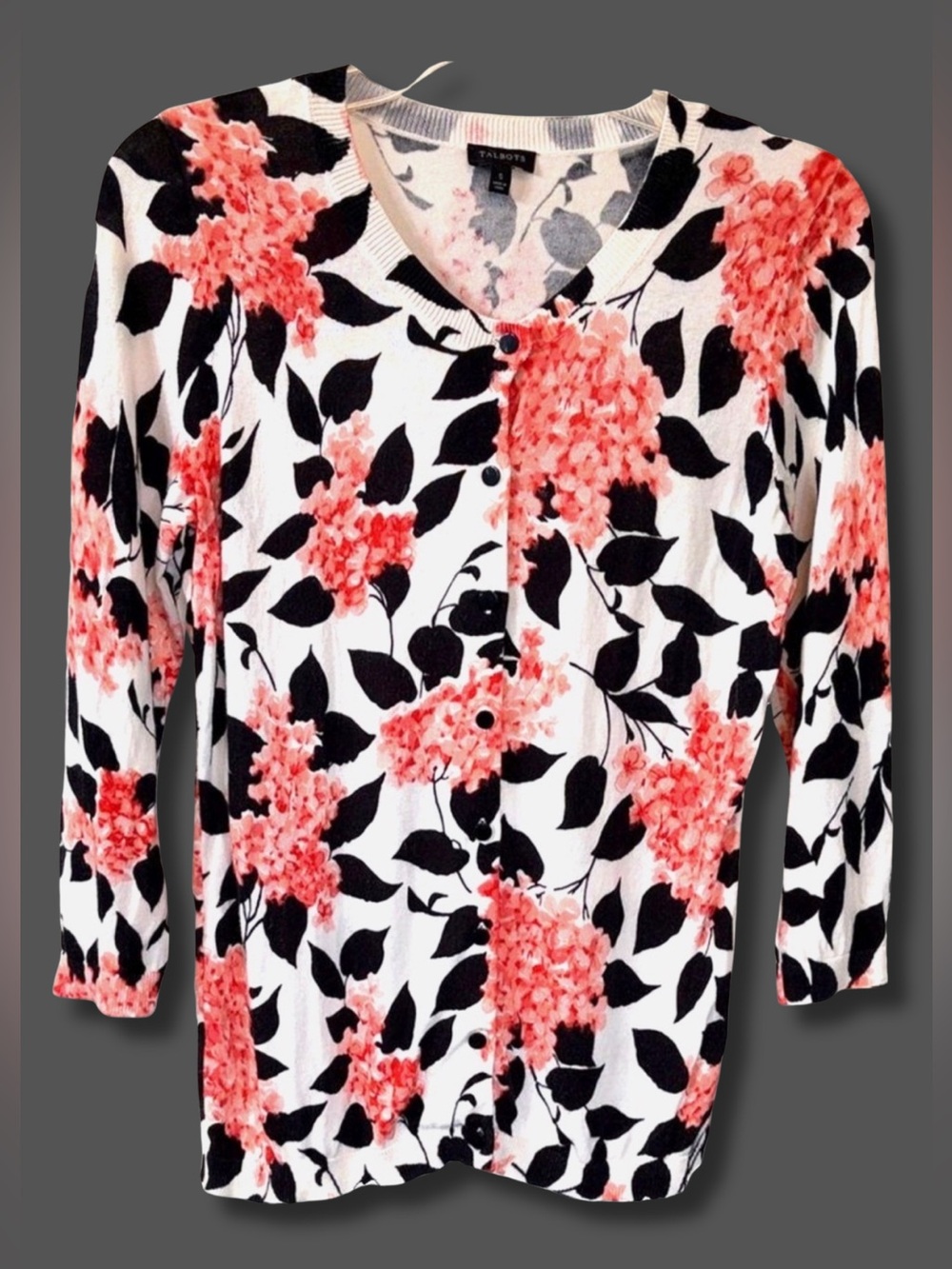 Talbots Floral Cardigan S Black White Coral Button Front Lightweight Sweater